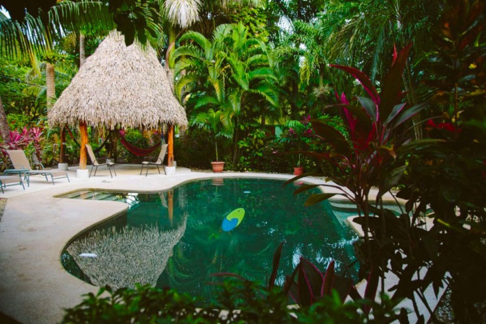Corky Carroll's Surf Resort pool and cabana surrounded by green jungle leaves