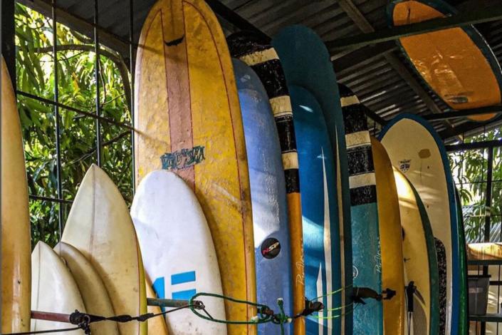 Surfboards lined up inside the Corky Carroll's Surf Resort cage
